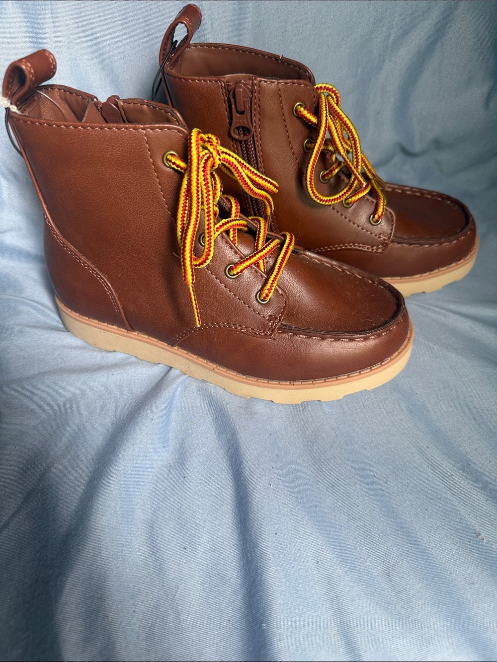 Cat and Jack Brown Leather Lace-Up Boots with Yellow-Red Laces and
